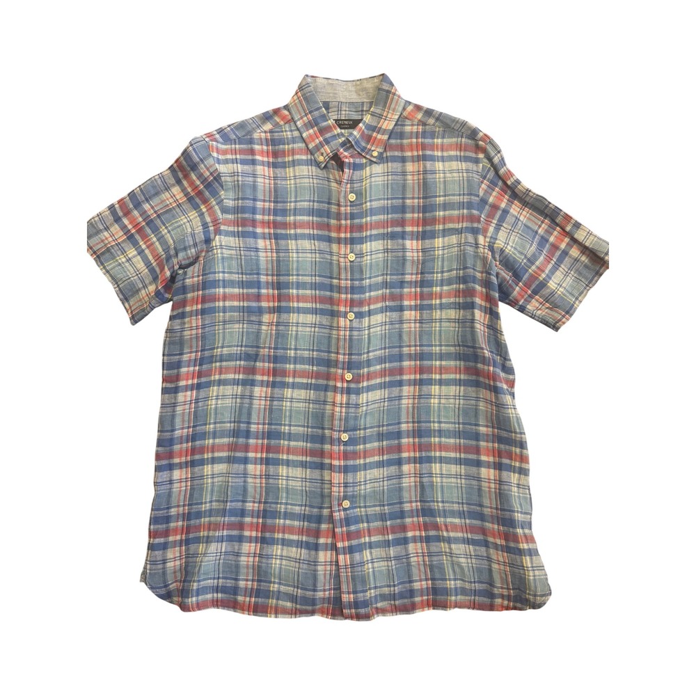 Cremieux Classics Mens Medium Blue Red Plaid 100% Linen Short Sleeve Shirt